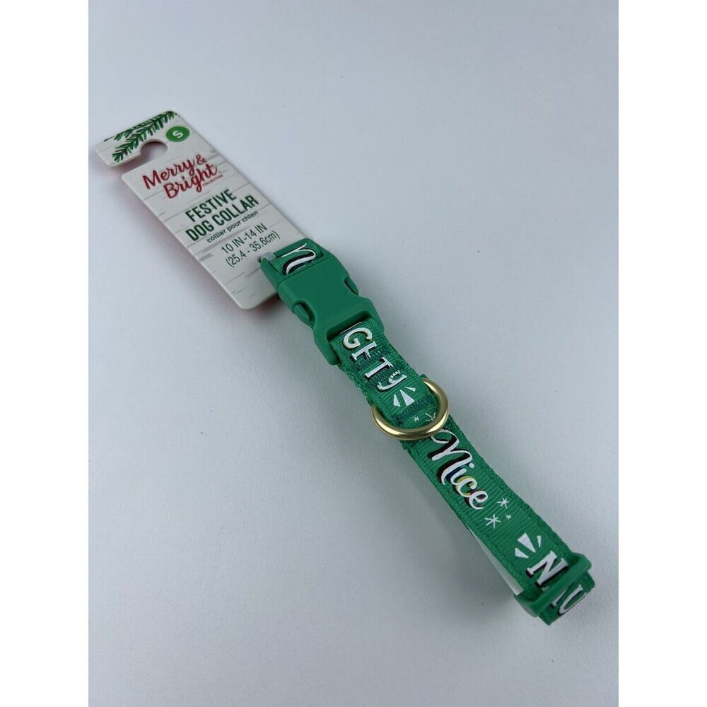Merry & Bright Adjustable Holiday Themed Dog Collar “Naughty Nice” Green Size S